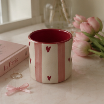 pink hearts ceramic tumbler with stripes