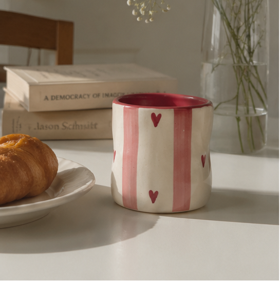 pink hearts ceramic tumbler with stripes