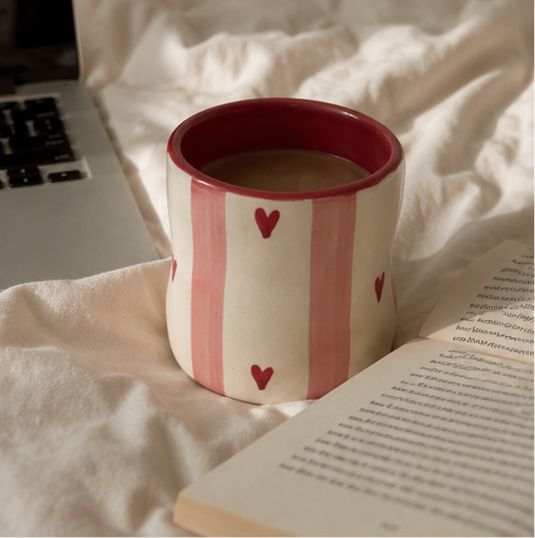 pink hearts ceramic tumbler with stripes