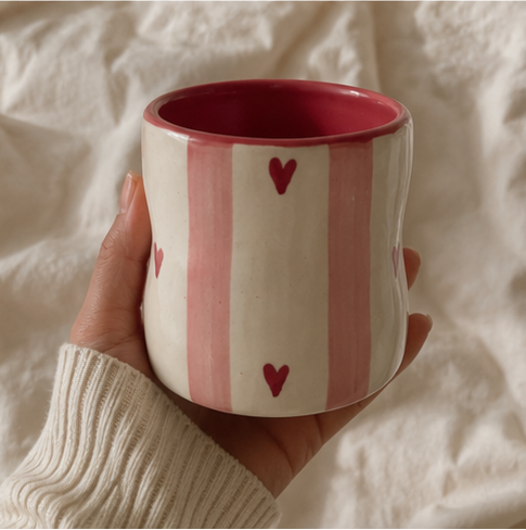 pink hearts ceramic tumbler with stripes