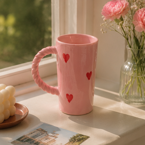 pink hearts tall ceramic mug