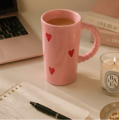 pink hearts tall ceramic mug
