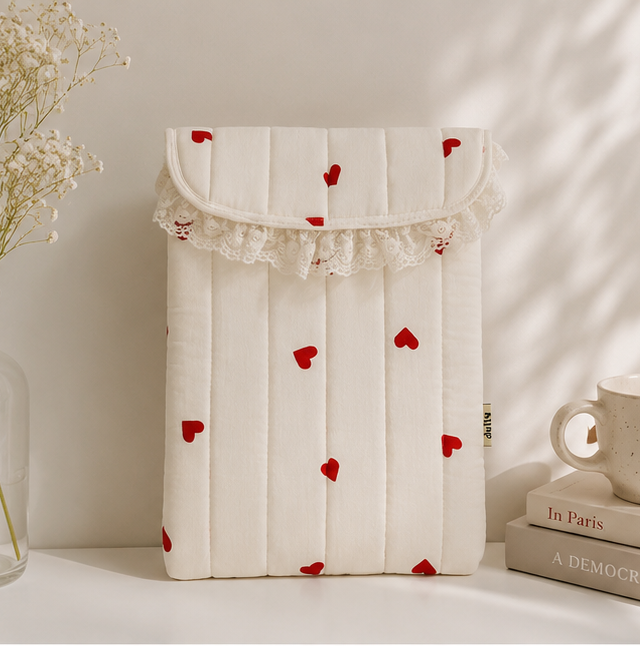 Ivory Quilted macbook  Laptop Sleeve with Lace Trim