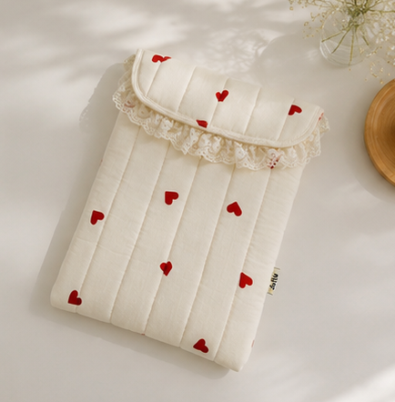 Ivory Quilted macbook  Laptop Sleeve with Lace Trim