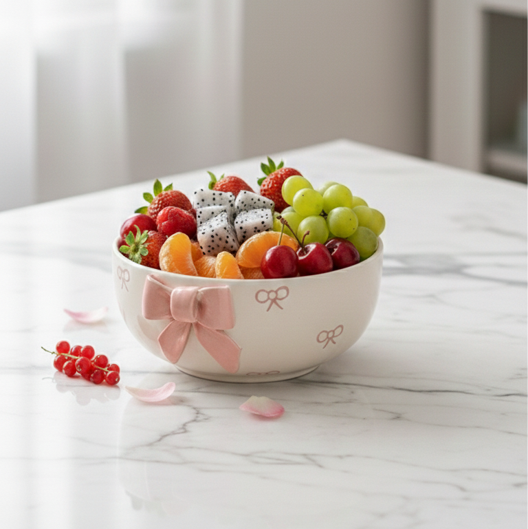 Pink   Ceramic Bowl with 3D Bow | Trinket Dish, Snack Bowl, Popcorn & Decorative Bowl
