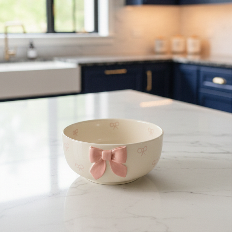 Pink   Ceramic Bowl with 3D Bow | Trinket Dish, Snack Bowl, Popcorn & Decorative Bowl