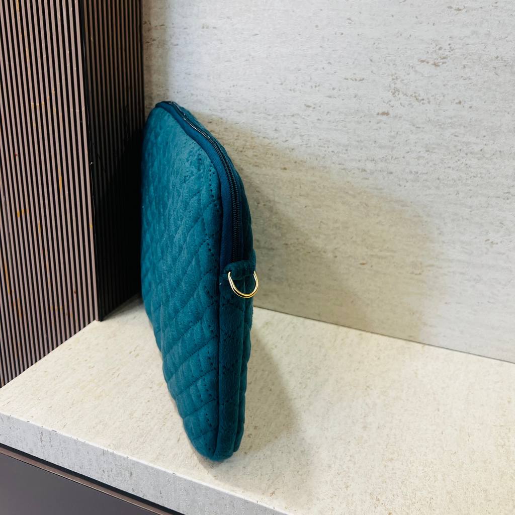Teal Quilted Suede Laptop Sleeve with Pocket | Horizontal Zip ( upto 15 Inch) - Dylly Dally