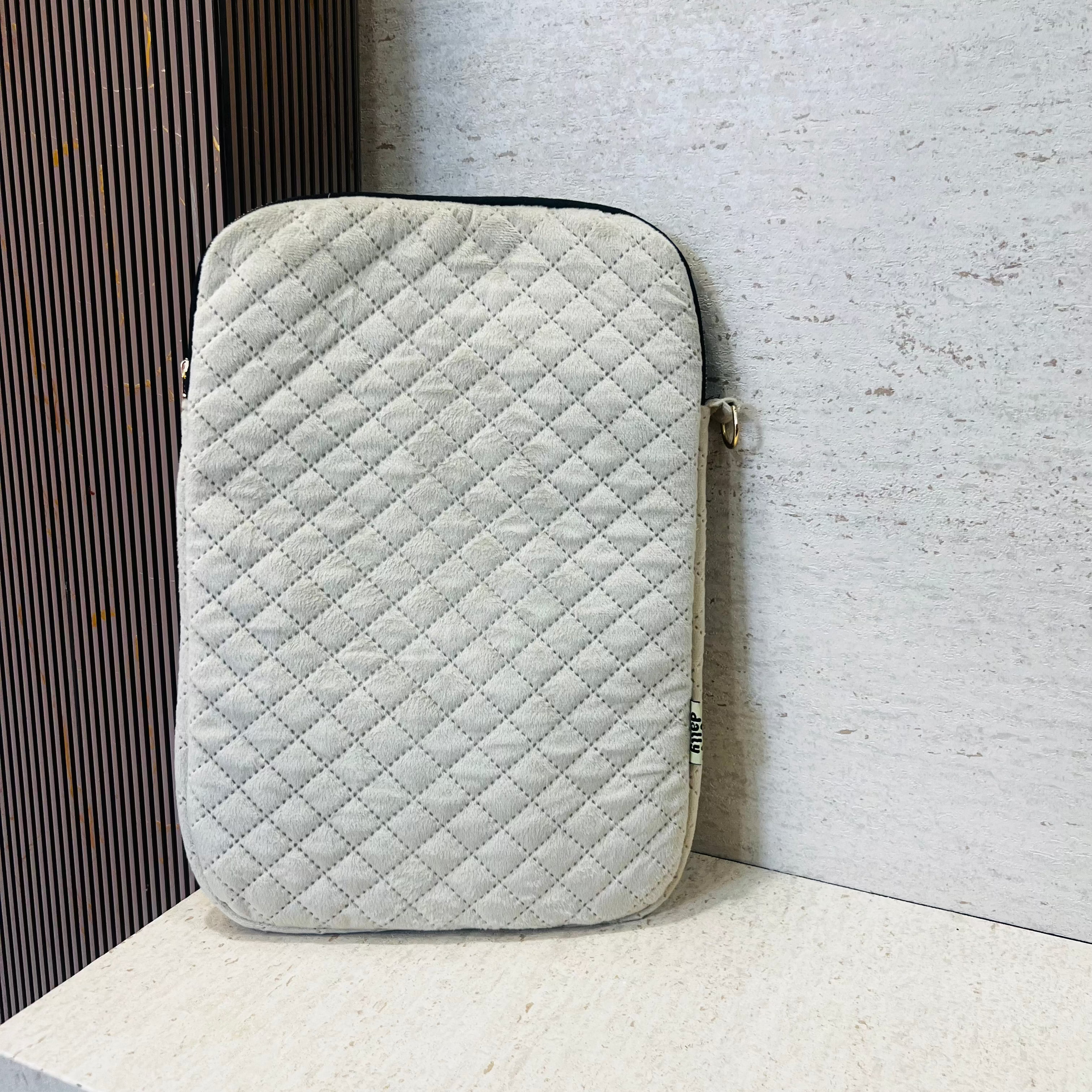 Ivory Padded Suede Laptop Sleeve with Zip Closure (15 Inch) - Dylly Dally