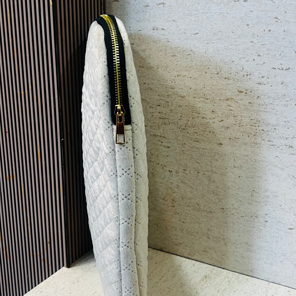 Ivory Padded Suede Laptop Sleeve with Zip Closure (15 Inch) - Dylly Dally