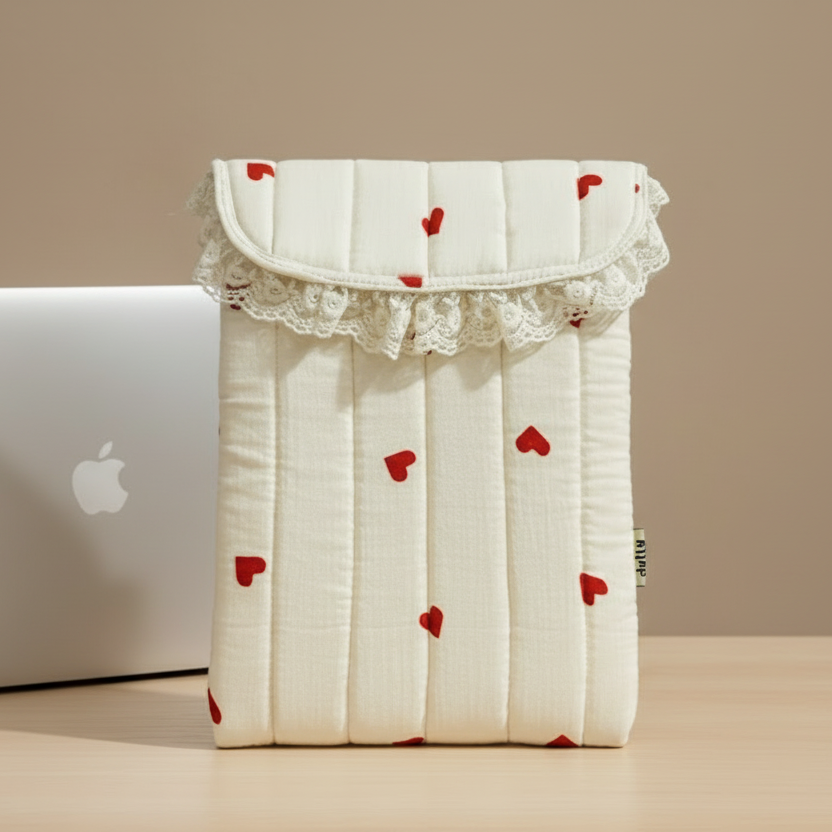 Ivory heart print quilted laptop sleeve with lace ruffle, padded aesthetic laptop cover 