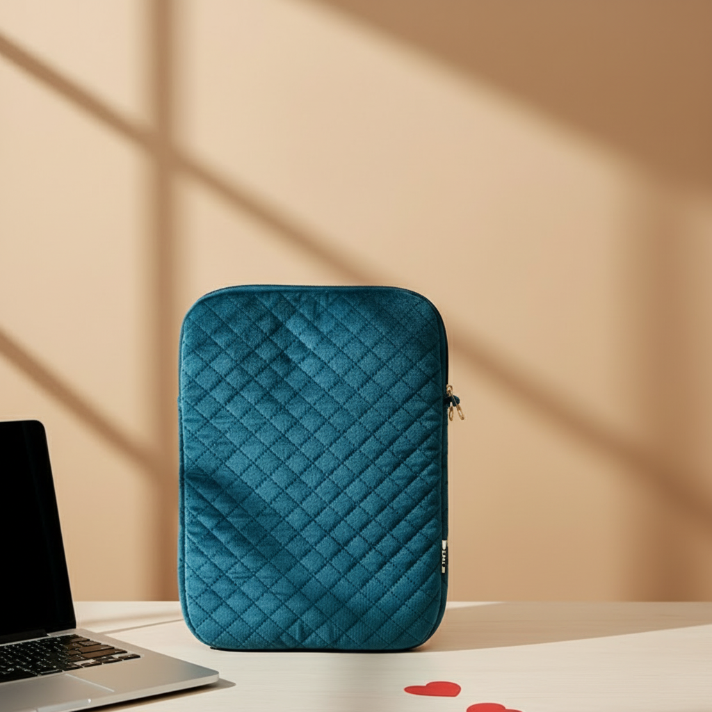 teal suede quilted laptop sleeve with waterproof lining fits up to 15 inch
