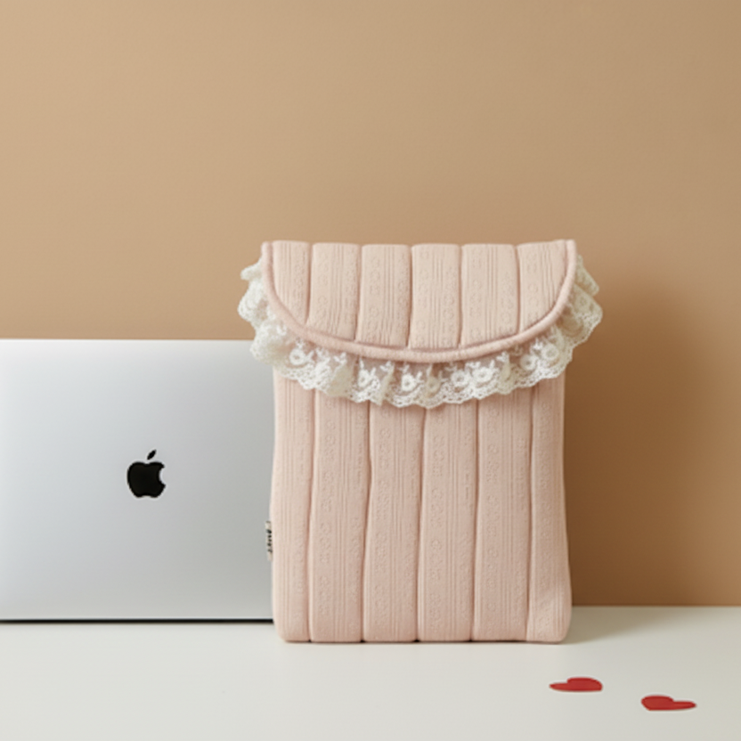 Pink Quilted Laptop Sleeve with Lace Trim